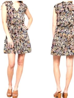 Velvet by Graham Spencer Floral Mini Dress M Black Boho Ruffle Short Sleeve